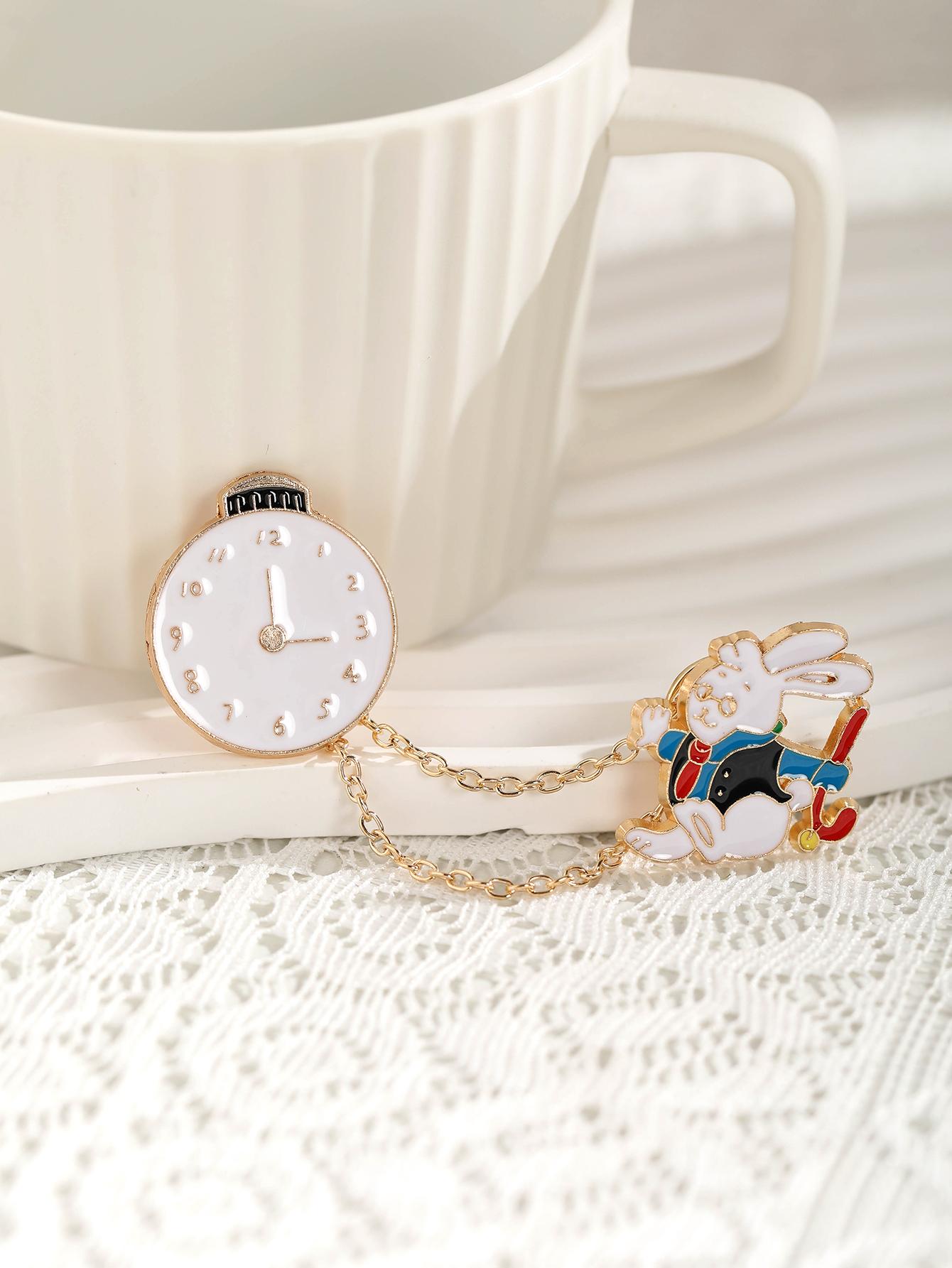 Verspielt Wunderland: Alice im Wunderland Hasen Brosche & Uhren Set - Charmantes Kettenaccessoire für Paare