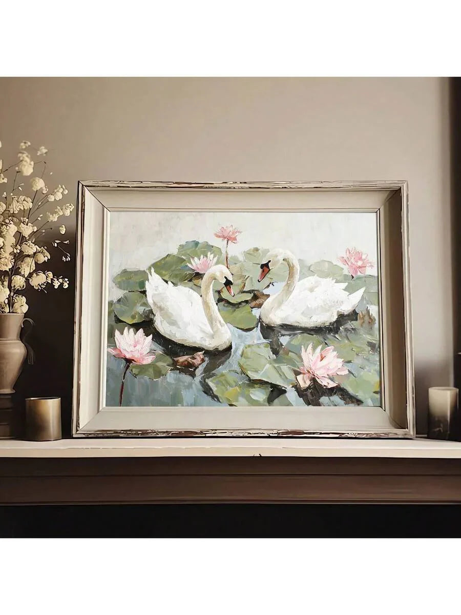 Vintage Minimalistische Lotusblume und Schwäne Leinwand Kunstdruck für moderne Wohnkultur
