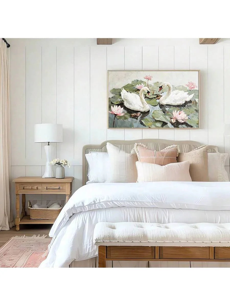 Vintage Minimalistische Lotusblume und Schwäne Leinwand Kunstdruck für moderne Wohnkultur