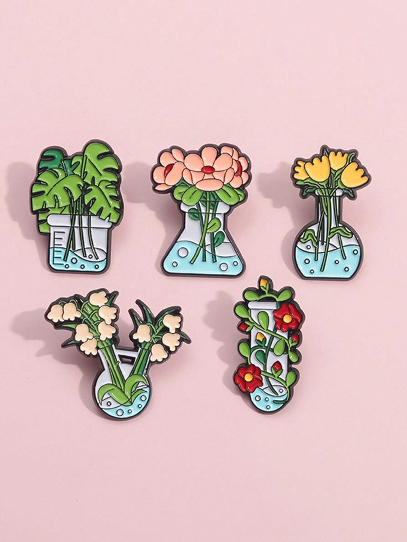 Verspielt Grün: 5-teiliges Cartoon-Pflanzen-Anstecknadeln-Set - Emaille-Pins für Tasche, Shirt und Accessoires