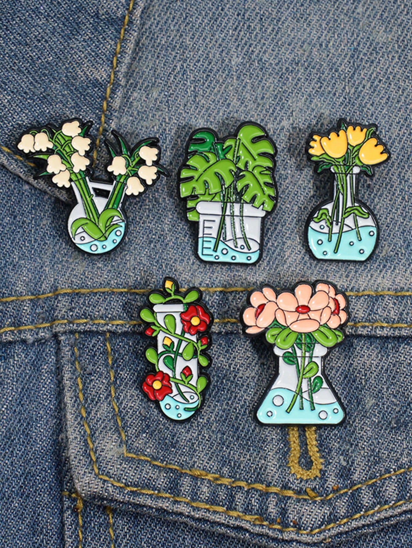 Verspielt Grün: 5-teiliges Cartoon-Pflanzen-Anstecknadeln-Set - Emaille-Pins für Tasche, Shirt und Accessoires