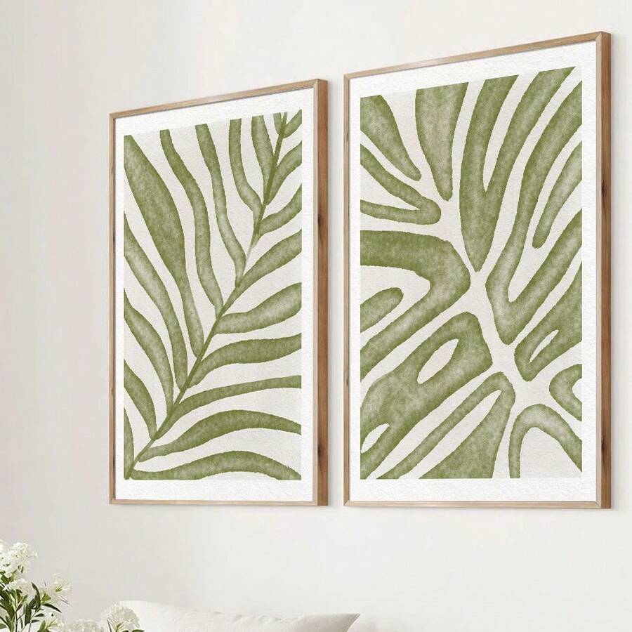 Set aus 2 ungerahmten Boho Botanischen Wandkunst-Drucken mit grünen Blättern - Minimalistische abstrakte Dekoration für moderne Wohnräume