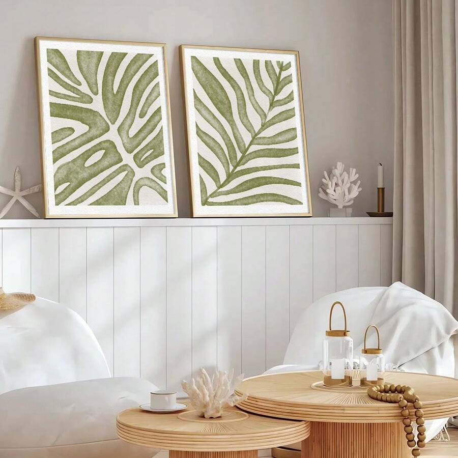 Set aus 2 ungerahmten Boho Botanischen Wandkunst-Drucken mit grünen Blättern - Minimalistische abstrakte Dekoration für moderne Wohnräume