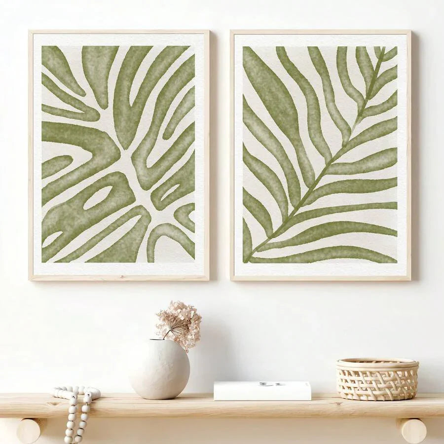 Set aus 2 ungerahmten Boho Botanischen Wandkunst-Drucken mit grünen Blättern - Minimalistische abstrakte Dekoration für moderne Wohnräume