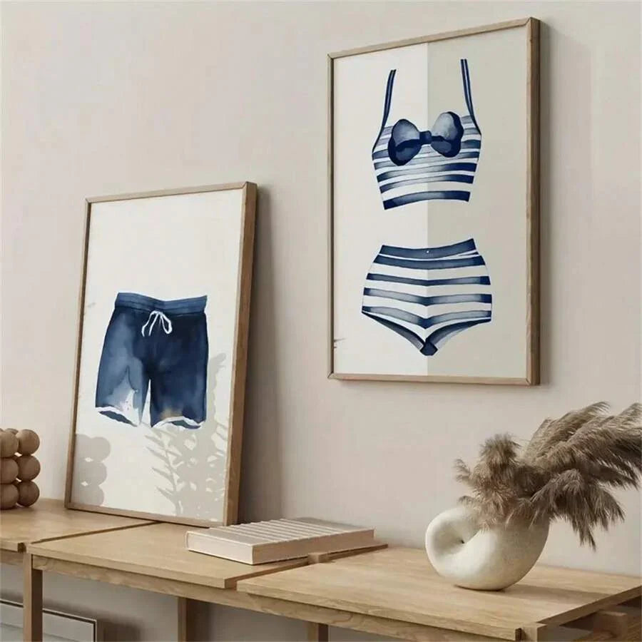 Stylische Blau- und Weiß Canvas-Druck Schwimmanzüge Wandkunst für moderne Wohnkultur
