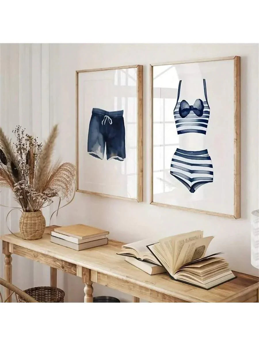 Stylische Blau- und Weiß Canvas-Druck Schwimmanzüge Wandkunst für moderne Wohnkultur