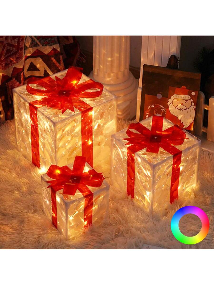 Erleuchten Sie Ihre Feiertage mit dem 3-teiligen Set beleuchteter Geschenkboxen - 8 LED-Modi für Innen- und Außendekoration