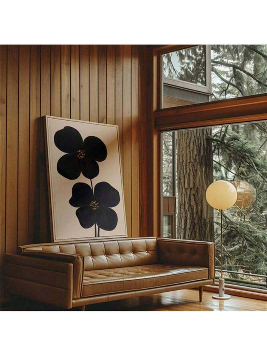Stimmungsvolles Mid-Century Schwarzes Blumen Wandkunst - Übergroßer Abstrakter Druck für Modernen Minimalistischen Dekor