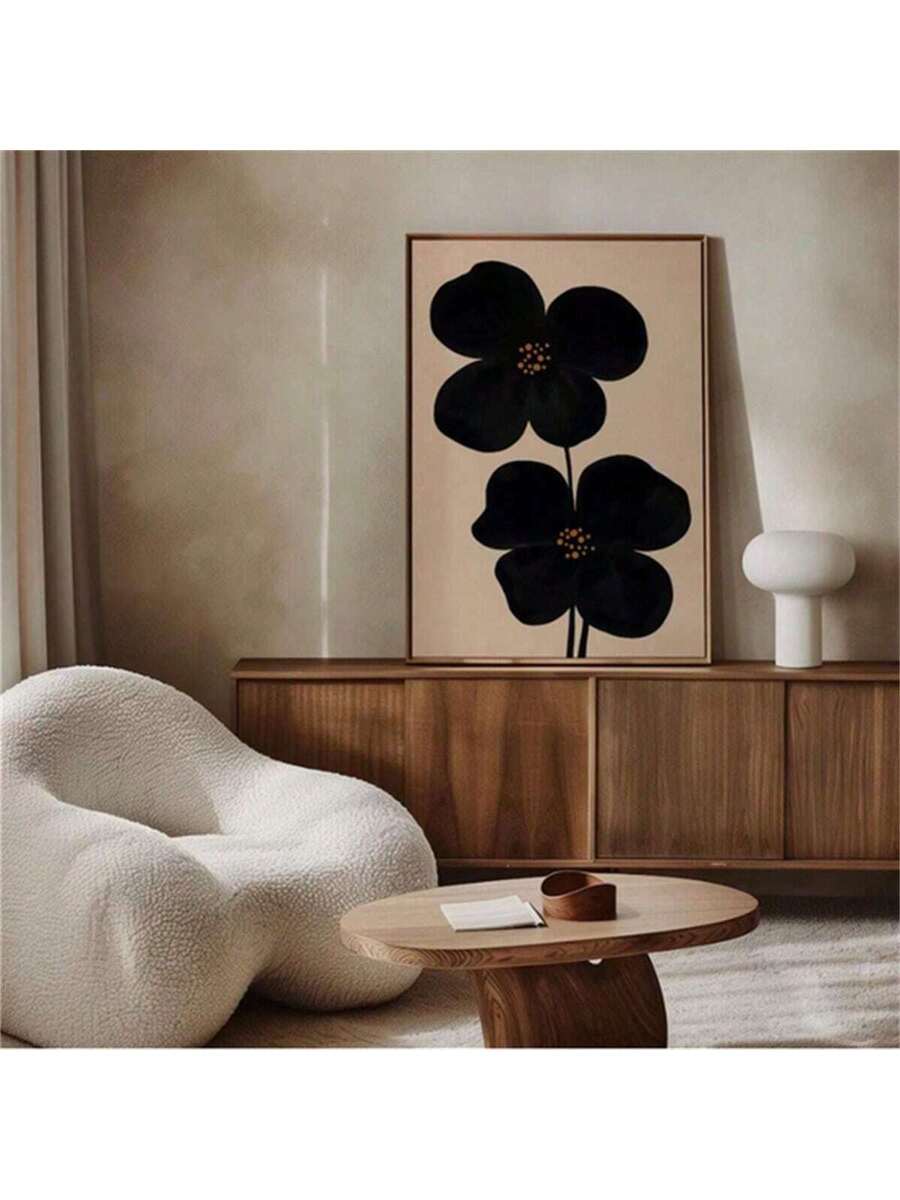 Stimmungsvolles Mid-Century Schwarzes Blumen Wandkunst - Übergroßer Abstrakter Druck für Modernen Minimalistischen Dekor