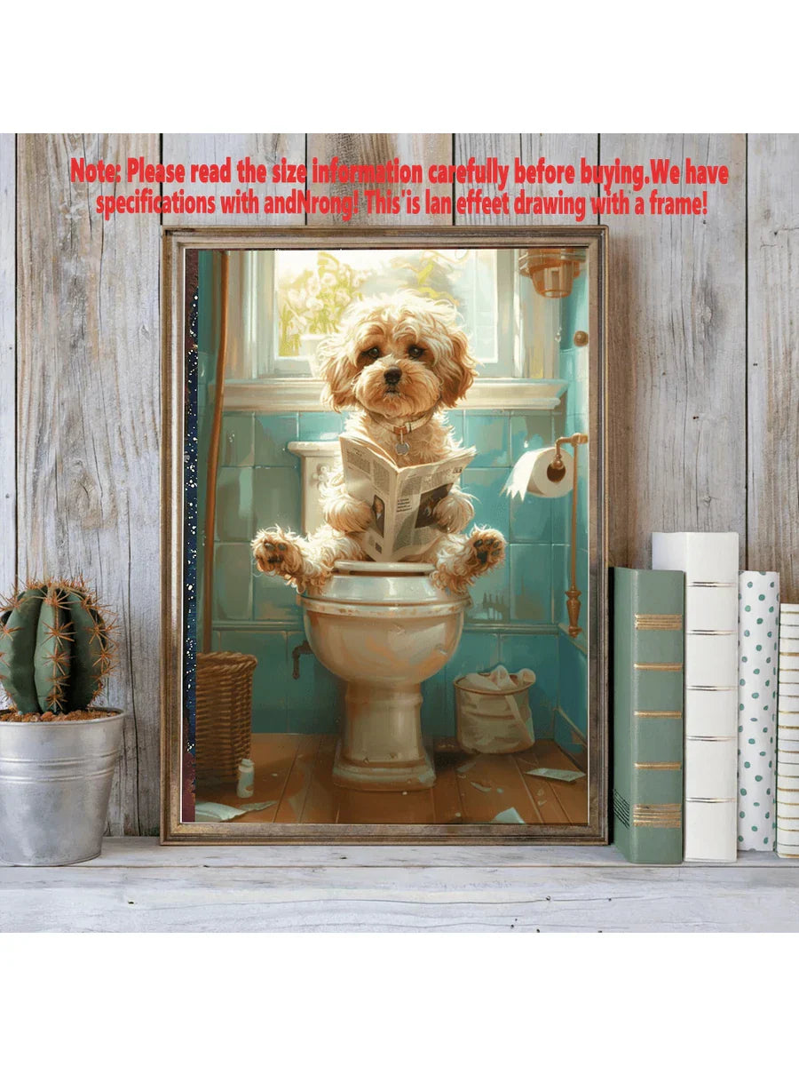 Verspielt Maltese Hund Leinwand Wandkunst - Lustige Badezimmer Dekoration mit gerahmtem Design für einzigartigen Wohnstil
