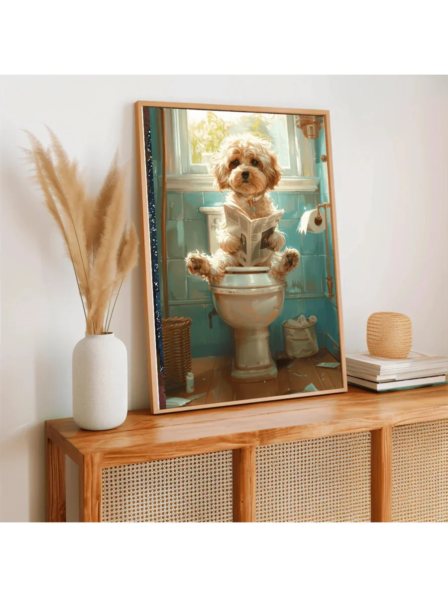 Verspielt Maltese Hund Leinwand Wandkunst - Lustige Badezimmer Dekoration mit gerahmtem Design für einzigartigen Wohnstil