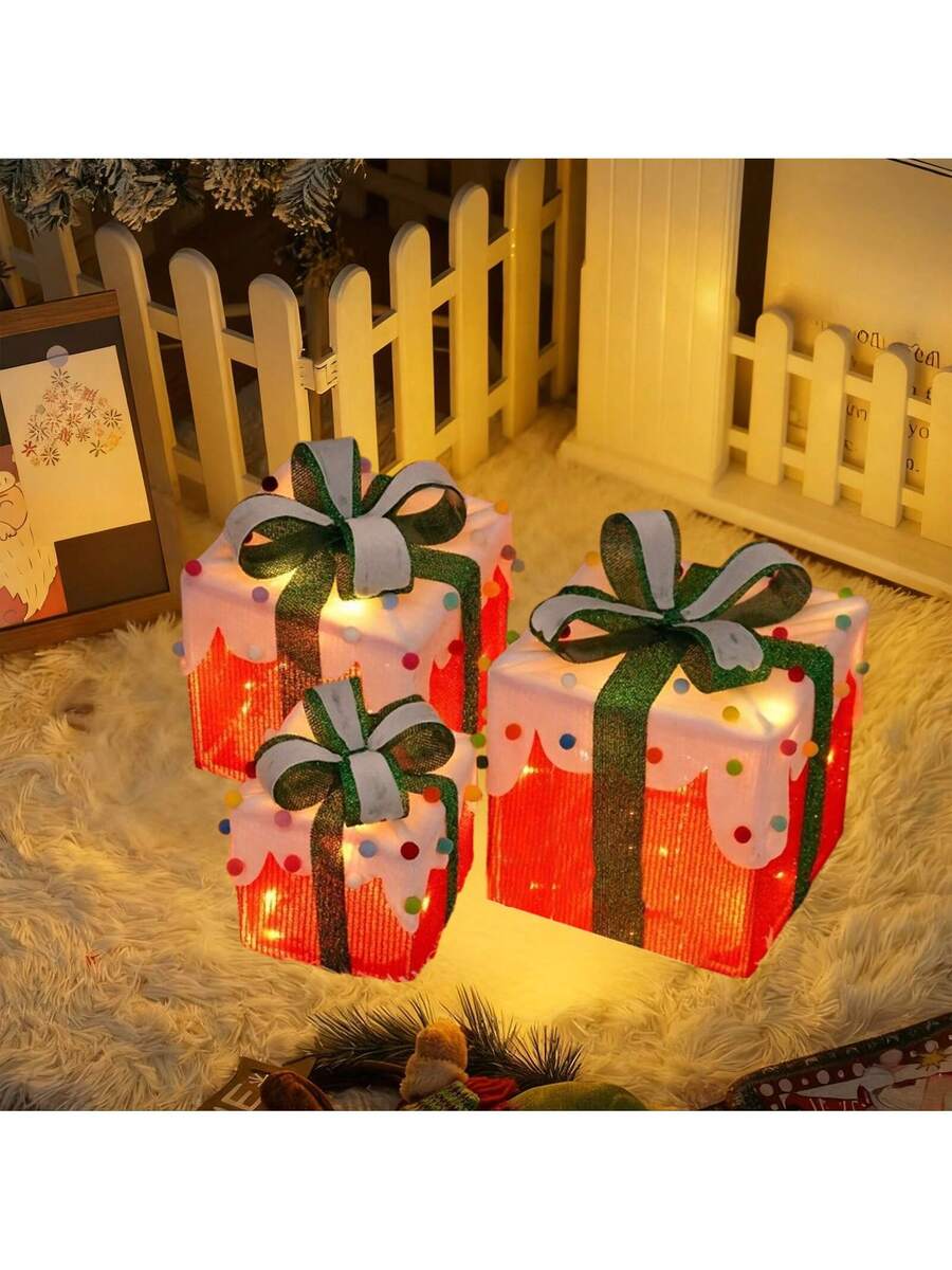 Erleuchten Sie Ihre Feiertage mit dem 3-teiligen Set beleuchteter Geschenkboxen - 8 LED-Modi für Innen- und Außendekoration