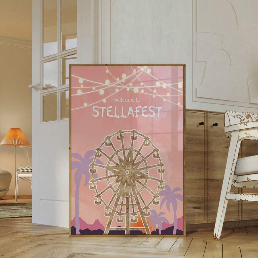 Rahmenloser Aquarell Goldenes Riesenrad Kunstdruck - Bohemian Vintage Karneval Wanddeko für Sommerfestival-Stimmung