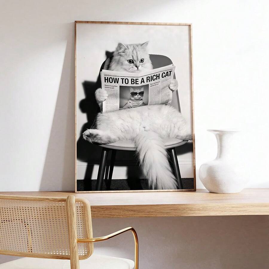 Lustige Schwarz-Weiß-Katzen Wandkunst - "Wie man eine reiche Katze wird" Leinwanddruck für Katzenliebhaber