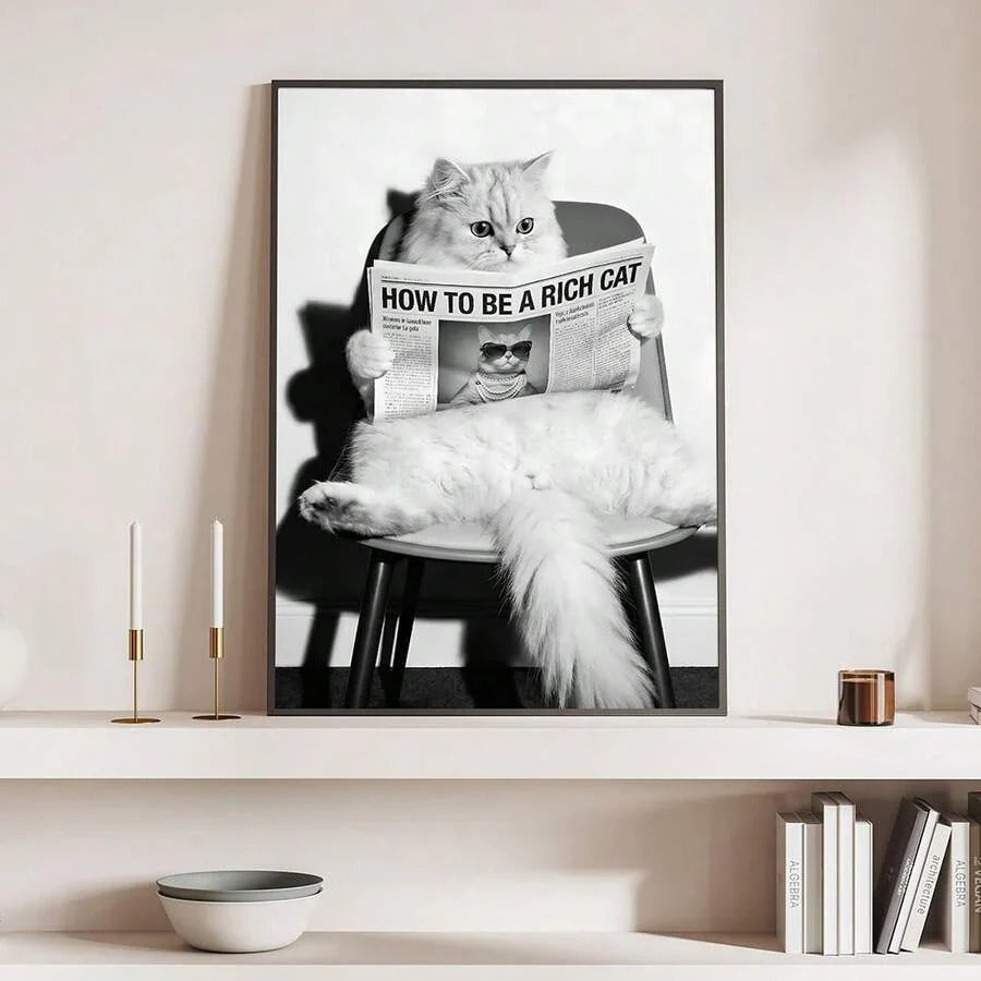 Lustige Schwarz-Weiß-Katzen Wandkunst - "Wie man eine reiche Katze wird" Leinwanddruck für Katzenliebhaber