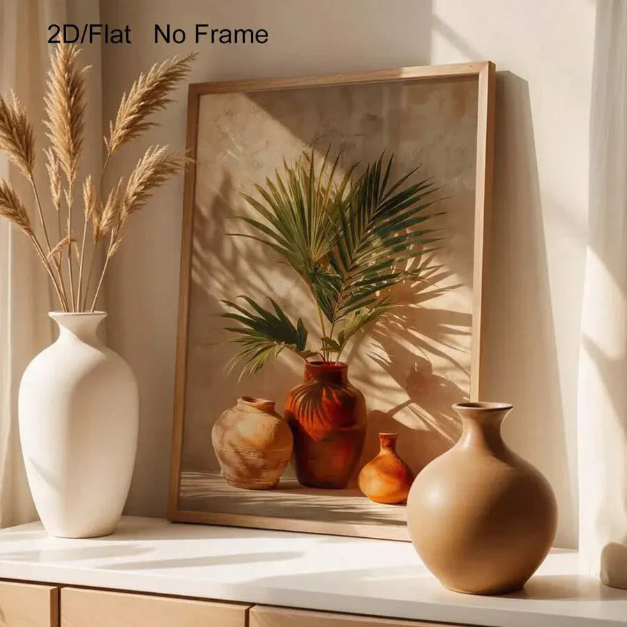 Rustikale Terrakotta-Vasen mit Palmblättern: Boho Küsten-Wandkunst für eine mediterrane Wohnkultur