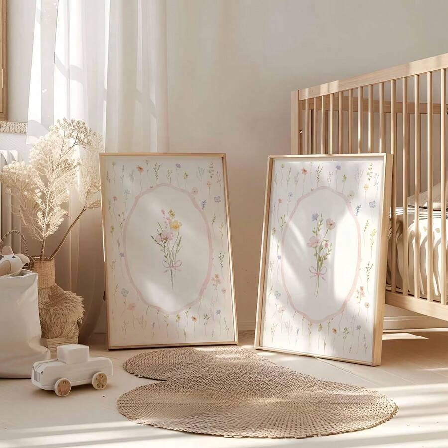 Charmante Wildblumen-Pink Schleifen-Leinwand-Poster für Boho-Kinderzimmer und ästhetische Wohnkultur