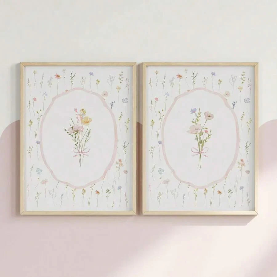 Charmante Wildblumen-Pink Schleifen-Leinwand-Poster für Boho-Kinderzimmer und ästhetische Wohnkultur