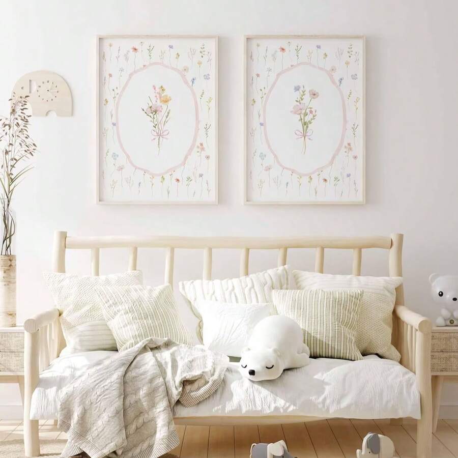 Charmante Wildblumen-Pink Schleifen-Leinwand-Poster für Boho-Kinderzimmer und ästhetische Wohnkultur