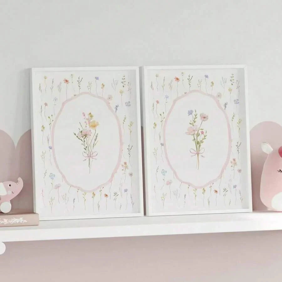 Charmante Wildblumen-Pink Schleifen-Leinwand-Poster für Boho-Kinderzimmer und ästhetische Wohnkultur
