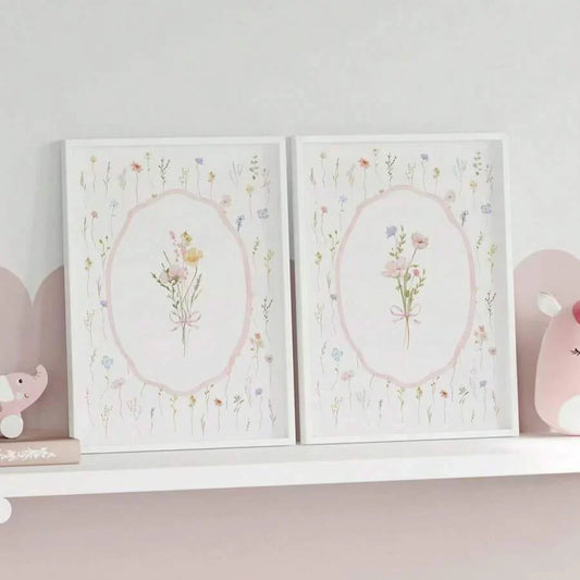 Charmante Wildblumen-Pink Schleifen-Leinwand-Poster für Boho-Kinderzimmer und ästhetische Wohnkultur