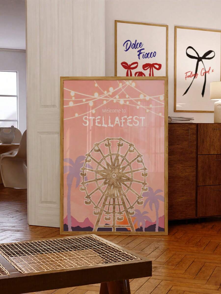 Rahmenloser Aquarell Goldenes Riesenrad Kunstdruck - Bohemian Vintage Karneval Wanddeko für Sommerfestival-Stimmung