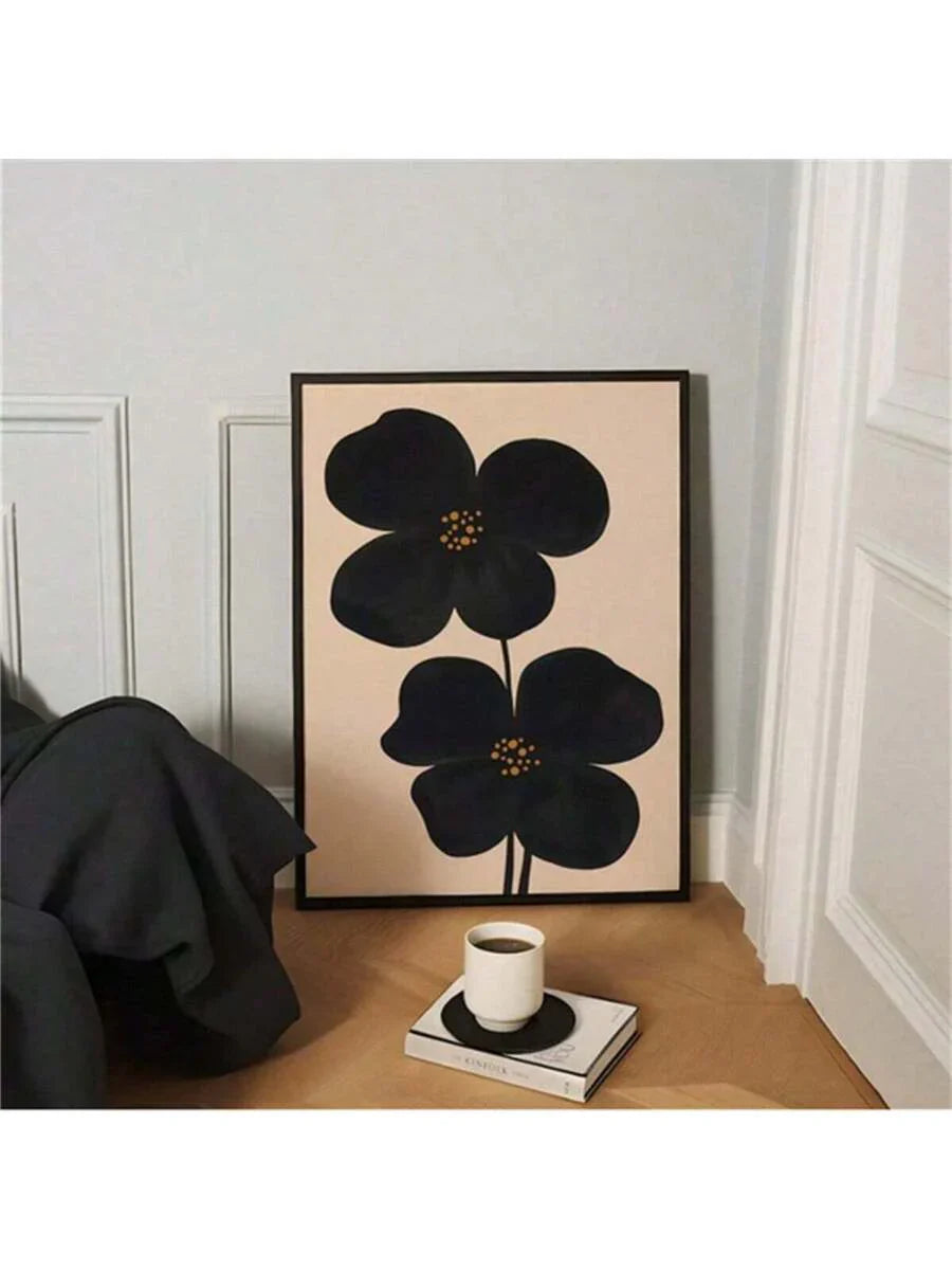 Stimmungsvolles Mid-Century Schwarzes Blumen Wandkunst - Übergroßer Abstrakter Druck für Modernen Minimalistischen Dekor