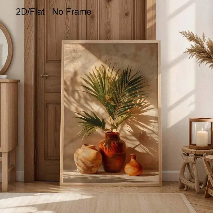 Rustikale Terrakotta-Vasen mit Palmblättern: Boho Küsten-Wandkunst für eine mediterrane Wohnkultur