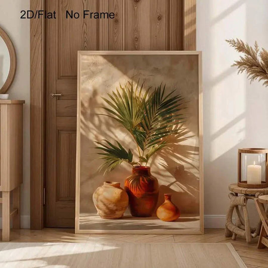 Rustikale Terrakotta-Vasen mit Palmblättern: Boho Küsten-Wandkunst für eine mediterrane Wohnkultur