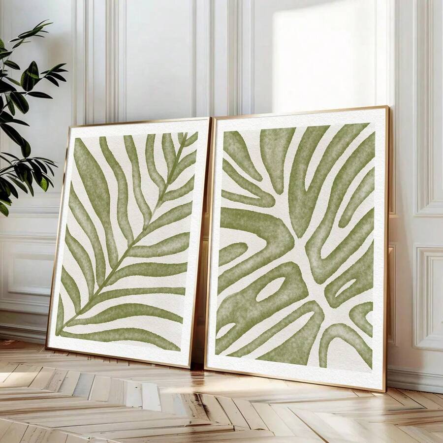 Set aus 2 ungerahmten Boho Botanischen Wandkunst-Drucken mit grünen Blättern - Minimalistische abstrakte Dekoration für moderne Wohnräume
