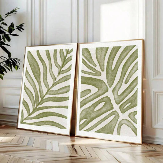 Set aus 2 ungerahmten Boho Botanischen Wandkunst-Drucken mit grünen Blättern - Minimalistische abstrakte Dekoration für moderne Wohnräume
