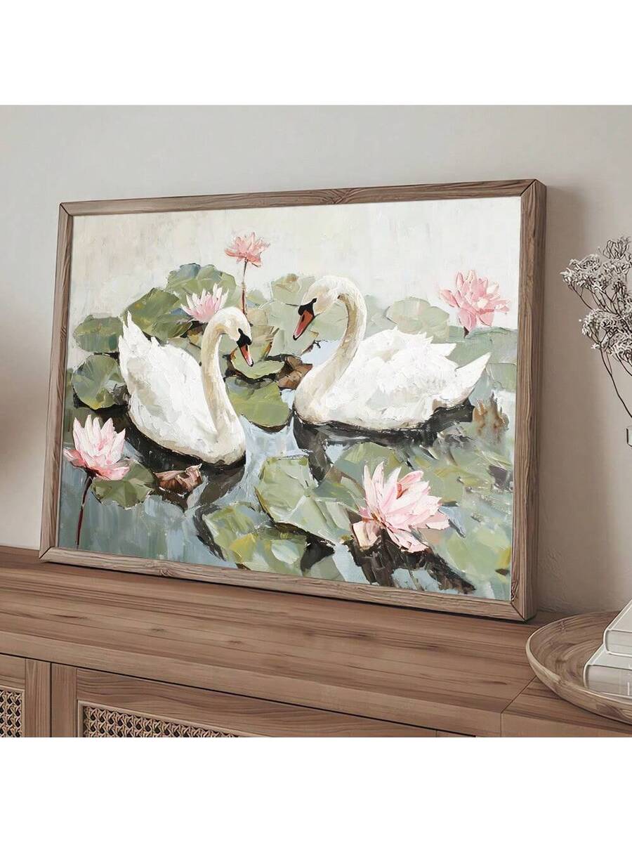 Vintage Minimalistische Lotusblume und Schwäne Leinwand Kunstdruck für moderne Wohnkultur