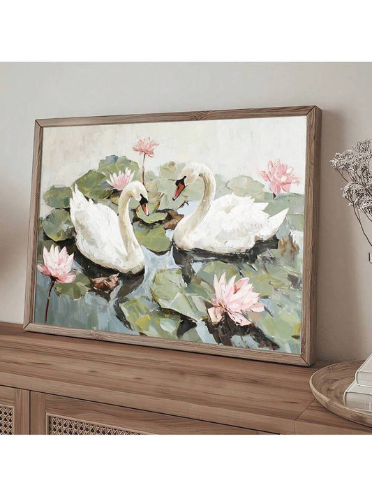 Vintage Minimalistische Lotusblume und Schwäne Leinwand Kunstdruck für moderne Wohnkultur