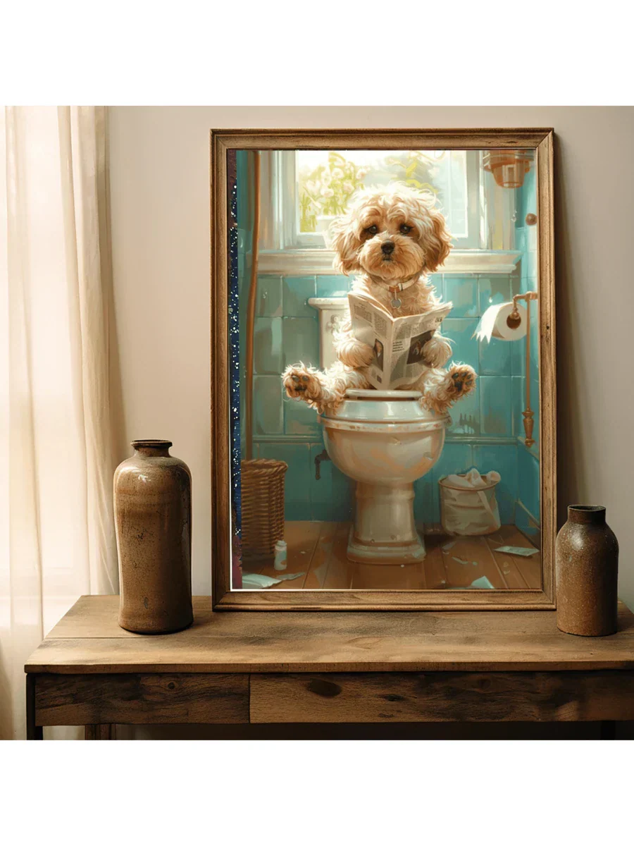 Verspielt Maltese Hund Leinwand Wandkunst - Lustige Badezimmer Dekoration mit gerahmtem Design für einzigartigen Wohnstil